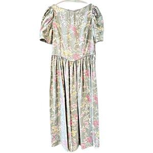 Laura Ashley Vintage Pale Green Floral Cotton Midi Dress Cottagecore Sz 12 Sz 14